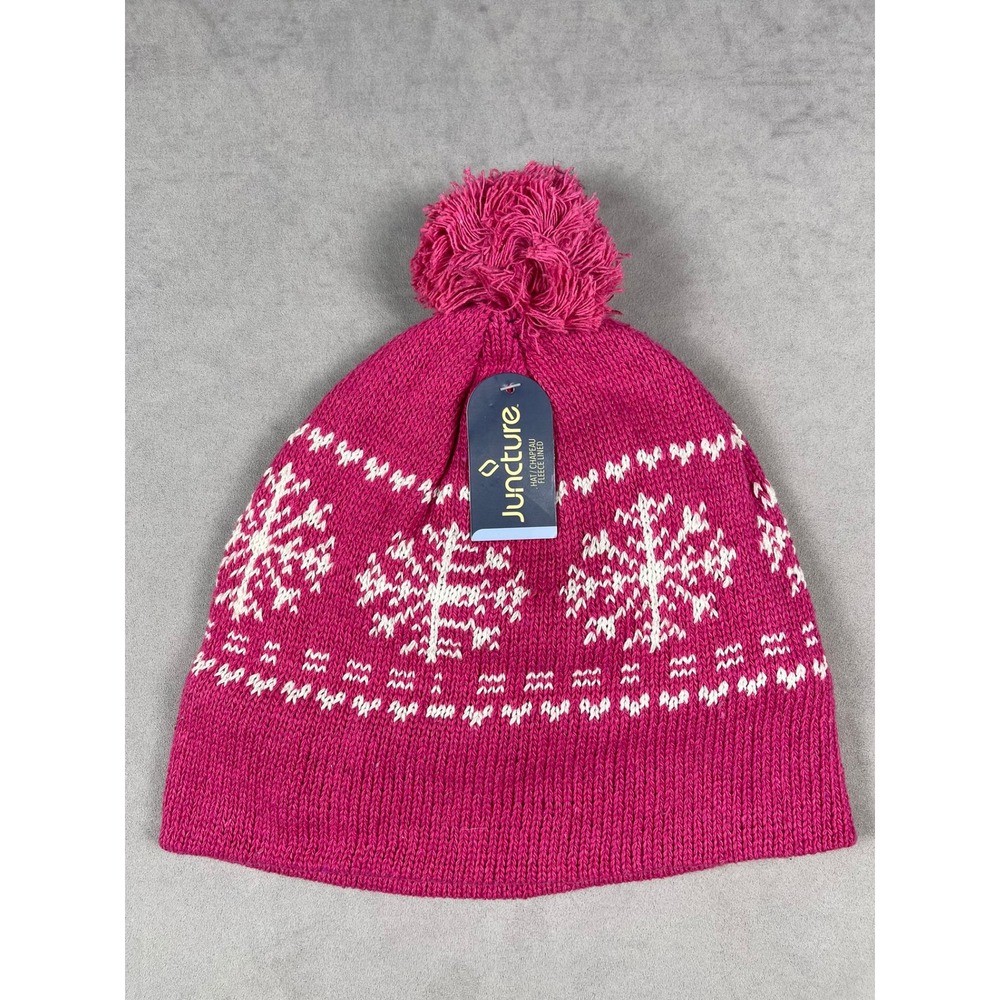 Juncture Magenta Pink Snowflake Beanie Fleece Lined Pom Pom Winter Hat New